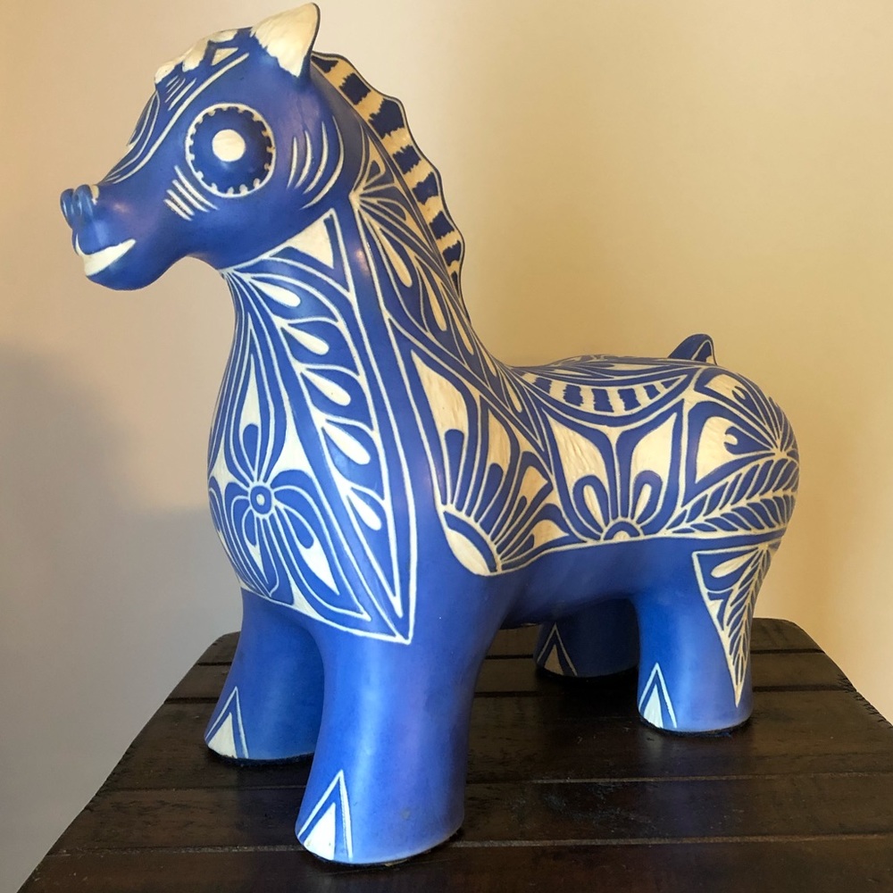 Large 12" Tall Pablo Zabal Signed  "Blue Zoo" Ceramic Hand Carved Horse Chile